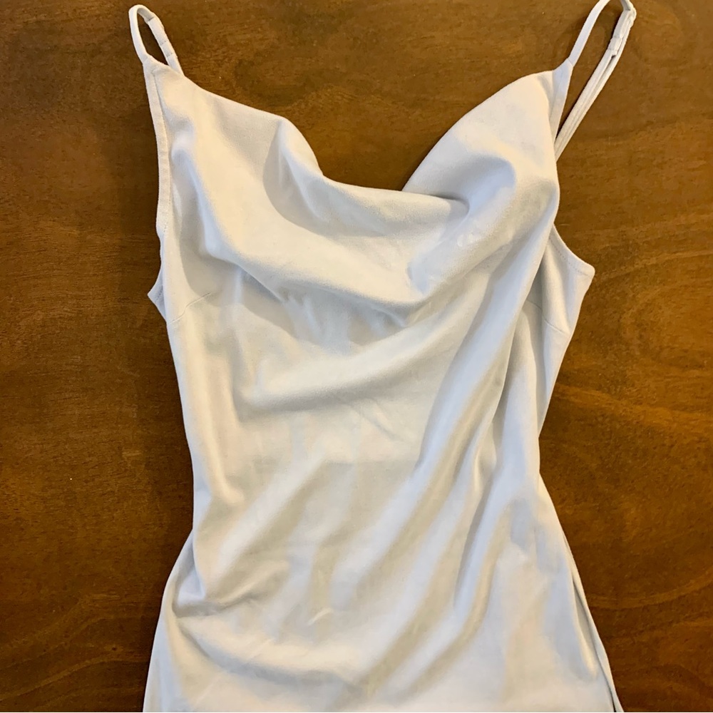 Light Blue Faux Suede Bebe Dress Women’s Size XS Cowl Neck Tie Back